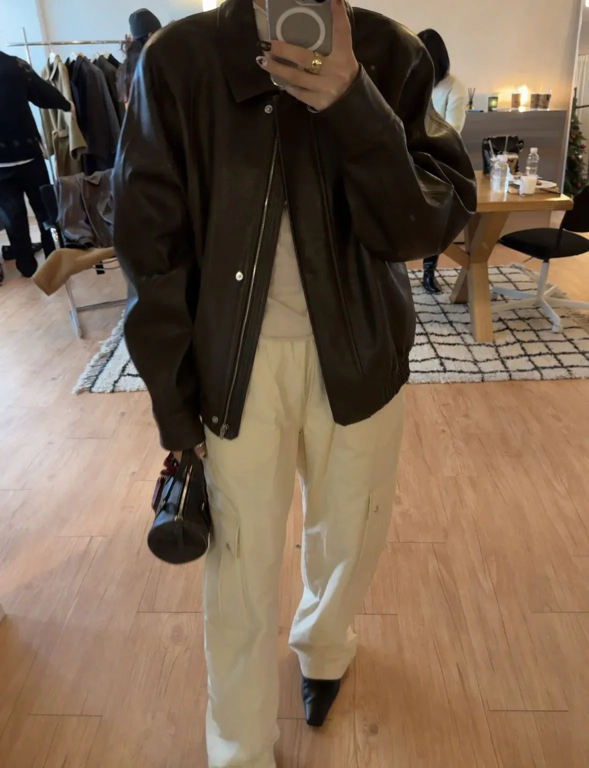 Oversized Black Leather Bomber Jacket Women