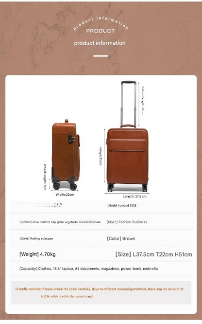 Genuine Leather Business Travel Suitcase with 360° Wheels