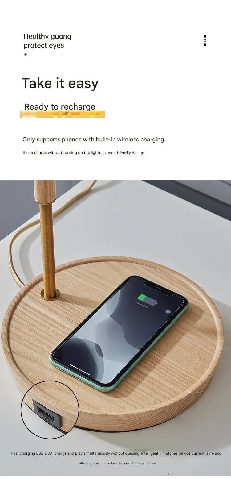 Nordic scandi wooden wireless charging table lamp