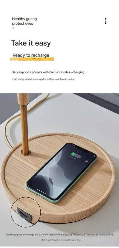Nordic scandi wooden wireless charging table lamp