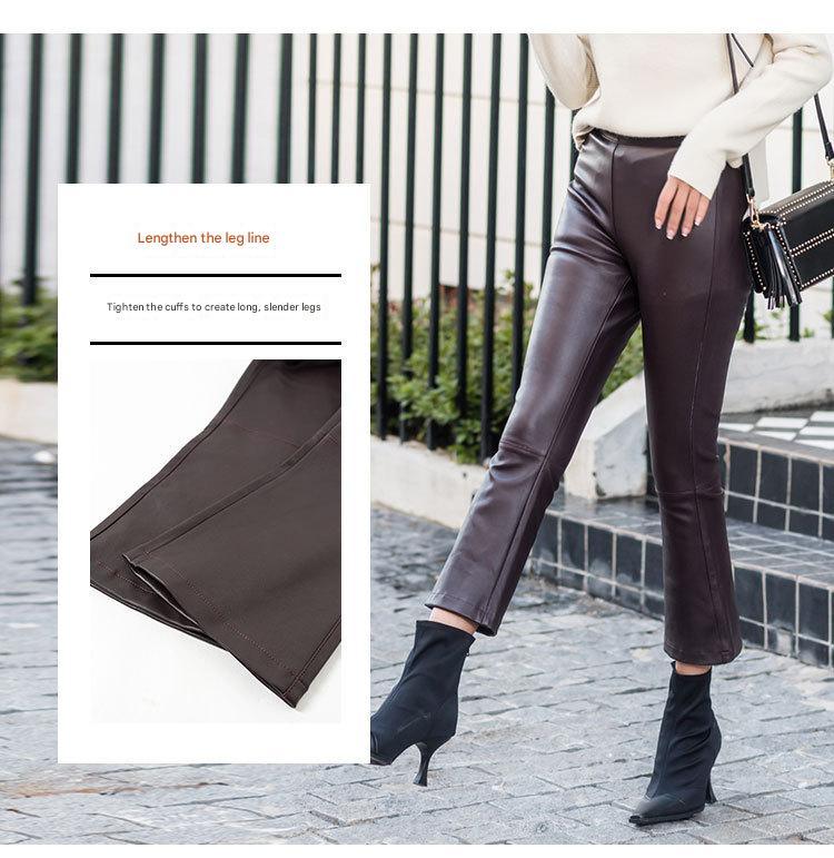 Women High Waisted Cropped Flare Leather Pants
