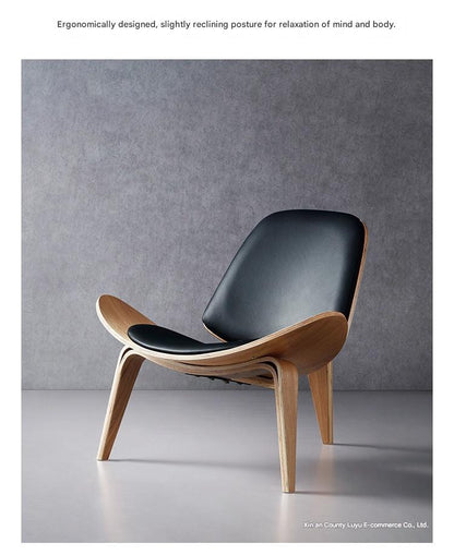 Mid century solid wood leather shell lounge chair