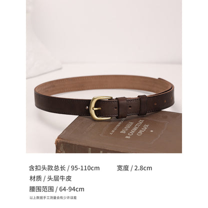 Women’s Brown Leather Belt with Top-Grain Cowhide Brass Buckle