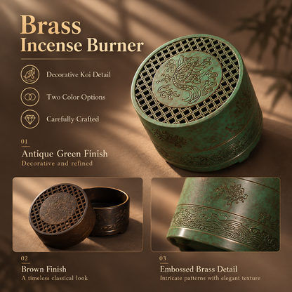 Incense Burner in Brass with Decorative Koi Lid for Home