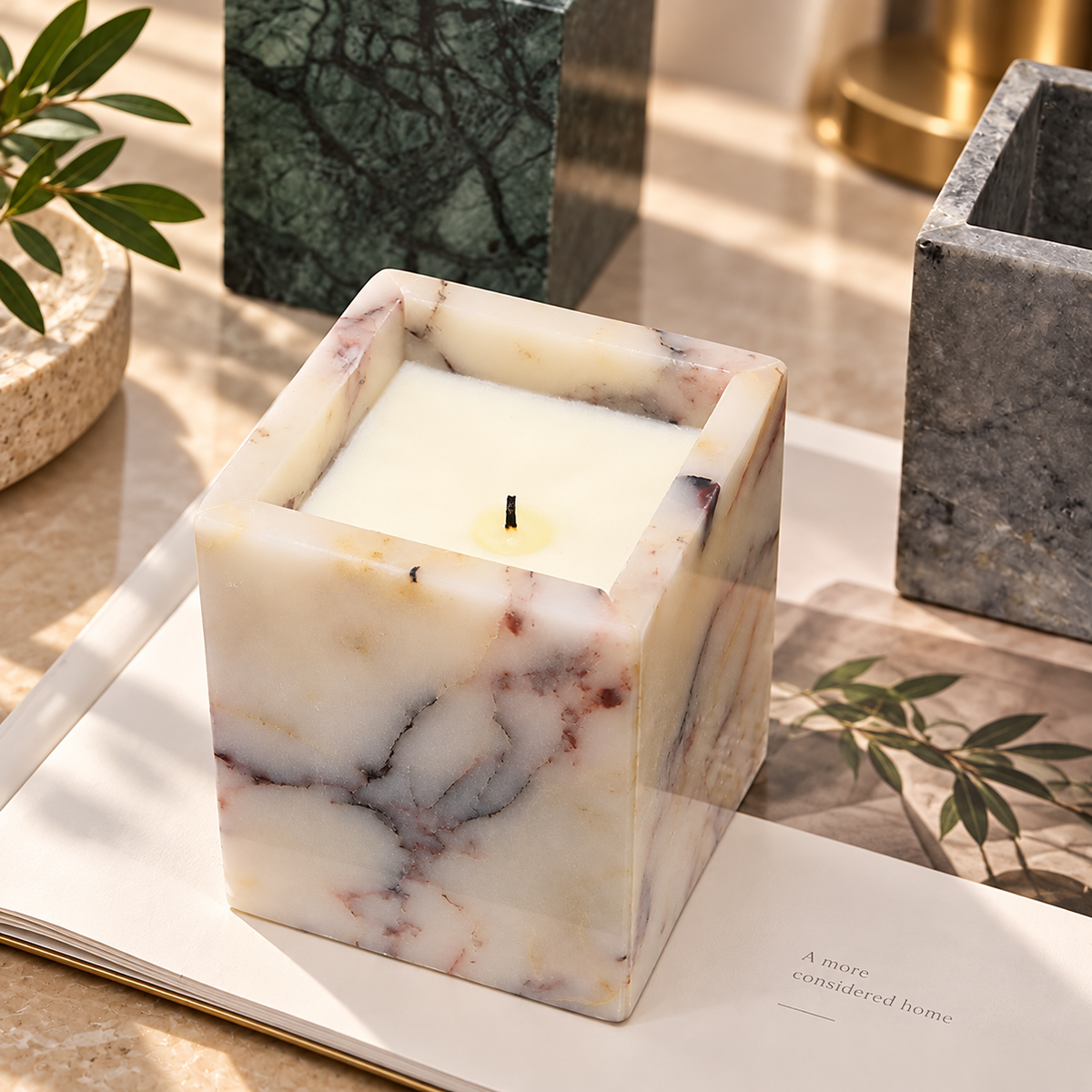 Square Marble Candle Holder with Geometric Cube Design and Stone Veining
