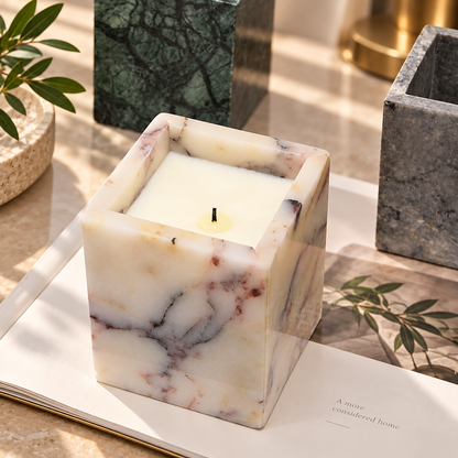 Square Marble Candle Holder with Geometric Cube Design and Stone Veining