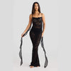 Backless lace maxi dress with ribbon straps for women Black S