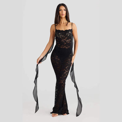 Backless lace maxi dress with ribbon straps for women Black S