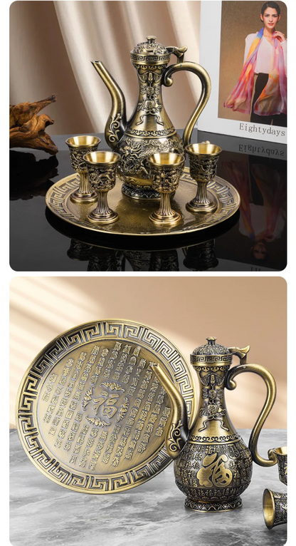 Antique bronze dragon phoenix wine serving set