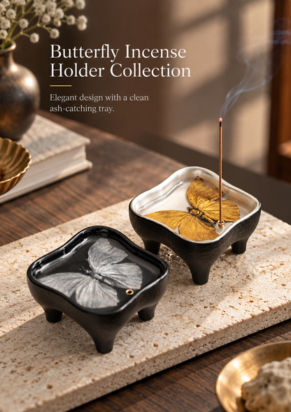 Stick Incense Holder with Butterfly Design and Decorative Tray