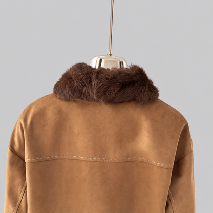 Women’s Faux Leather Jacket with Rabbit Fur Collar Winter Style