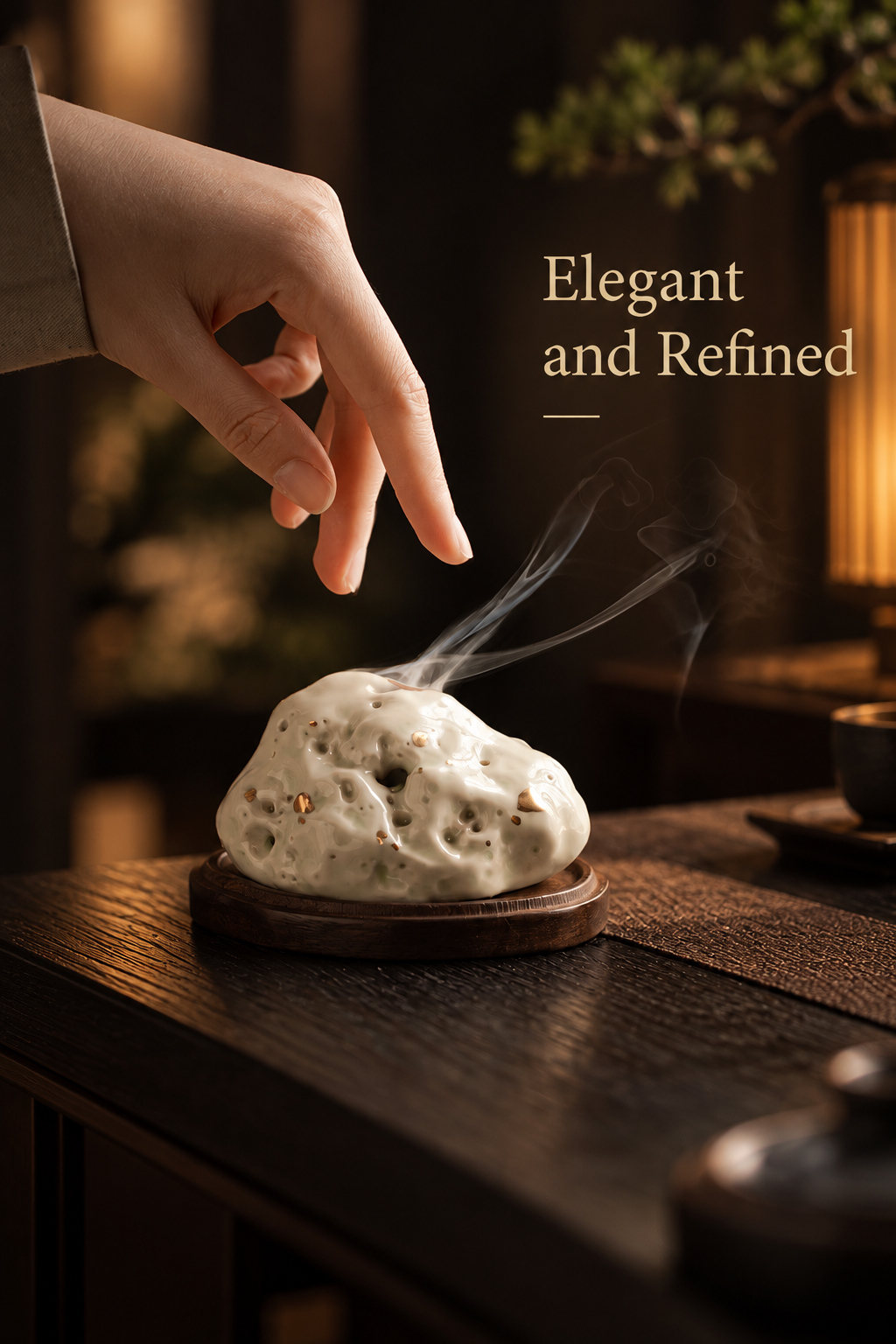 Ceramic Incense Burner with Wooden Base and Stone-Inspired Design