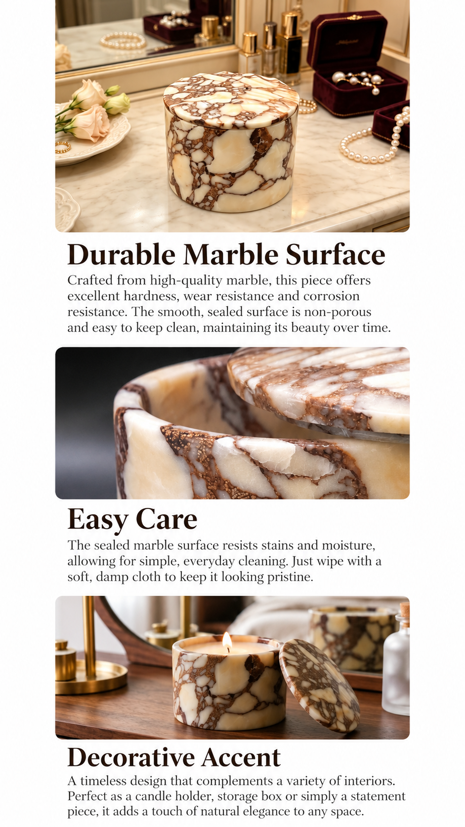 Cream Marble Candle Jar with Removable Lid and Brown Veining