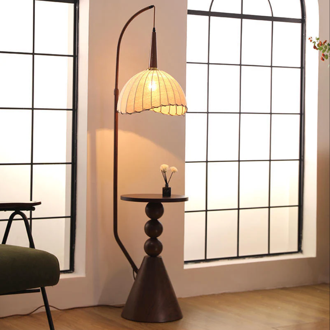 retro wood floor lamp with side shelf lighting