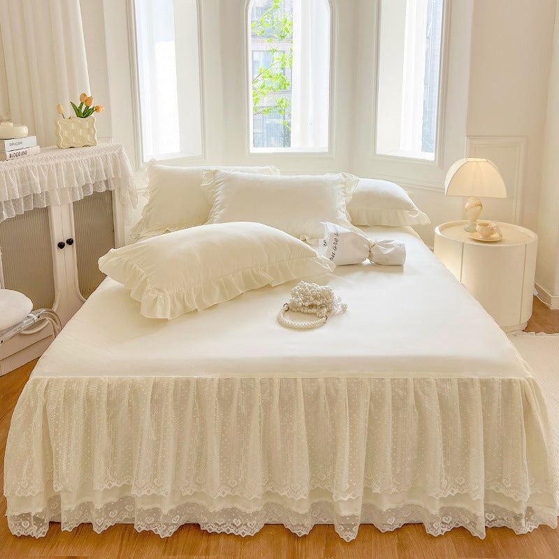 Lace Fitted Sheet with Ruffled Bed Skirt and Pillowcase