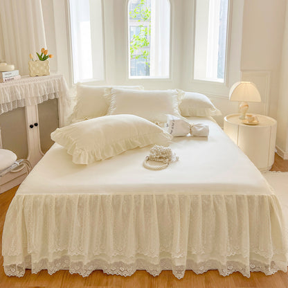 Lace Fitted Sheet with Ruffled Bed Skirt and Pillowcase