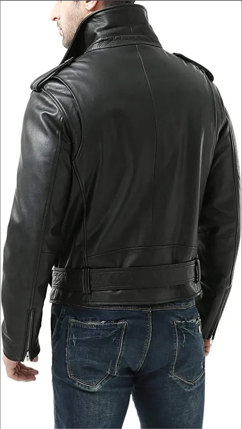 mens leather biker jacket belted waist black motorcycle style
