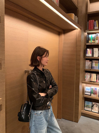 Black Cropped Leather Jacket Women