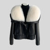 Black Leather Jacket With Fur Women White Collar Winter Style