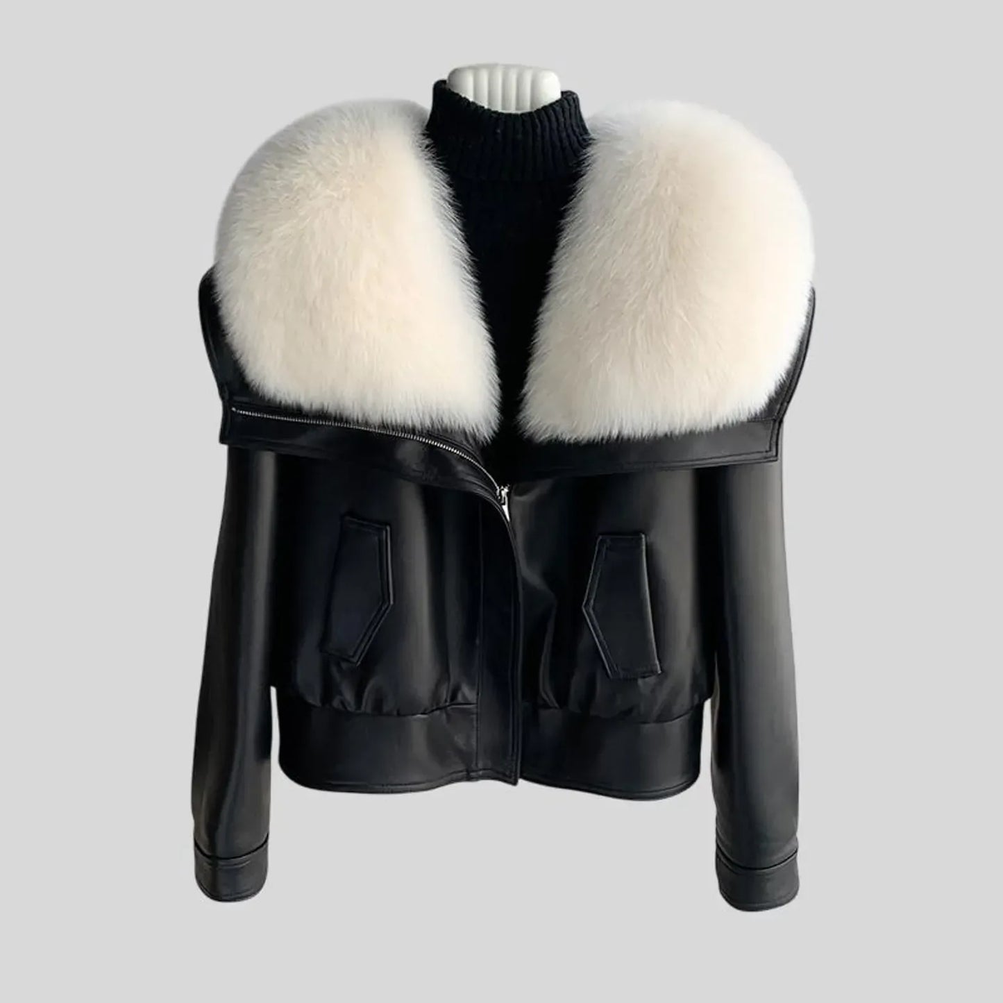 Black Leather Jacket With Fur Women White Collar Winter Style