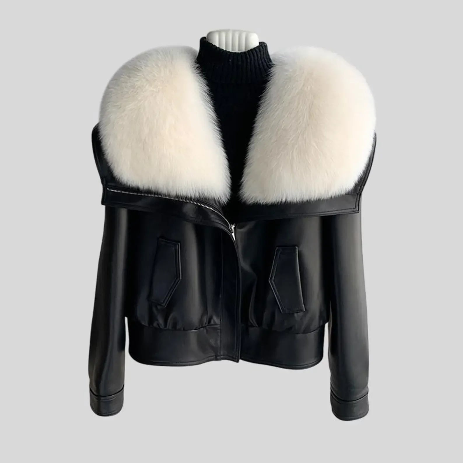 Black Leather Jacket With Fur Women White Collar Winter Style