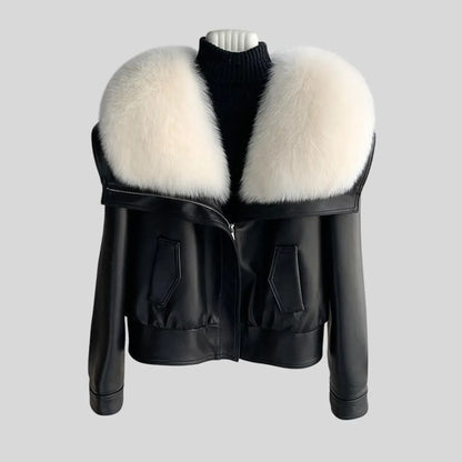 Black Leather Jacket With Fur Women White Collar Winter Style