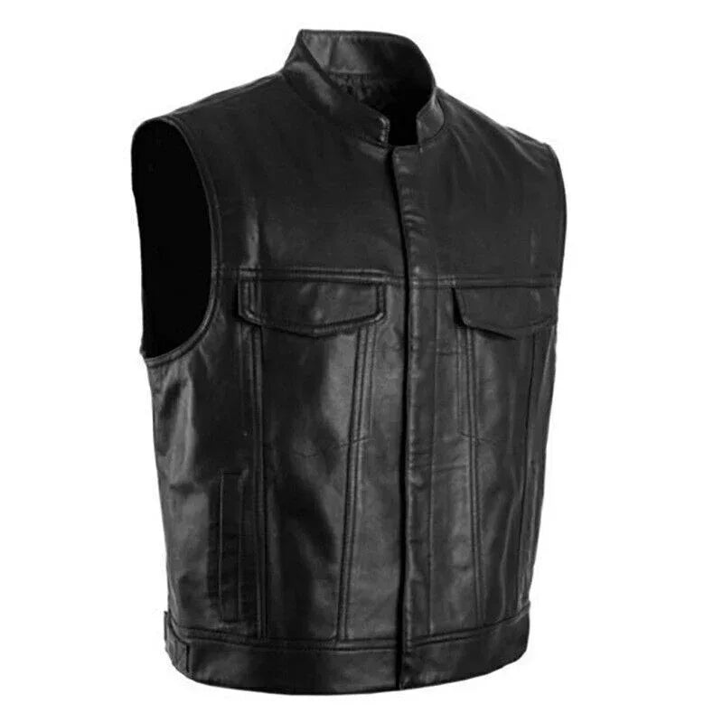 Mens Leather Biker Vest – Genuine Black Motorcycle Vest