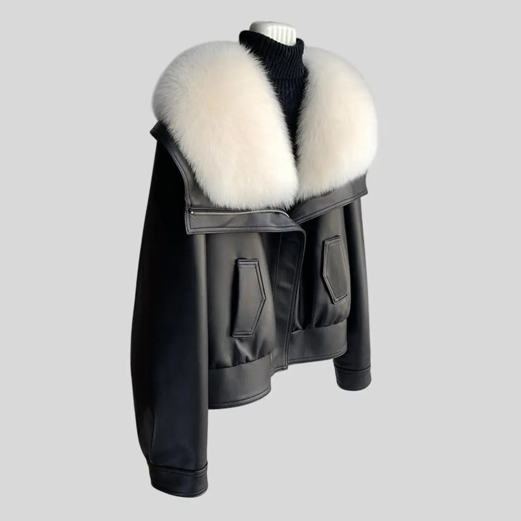 Black Leather Jacket With Fur Women White Collar Winter Style