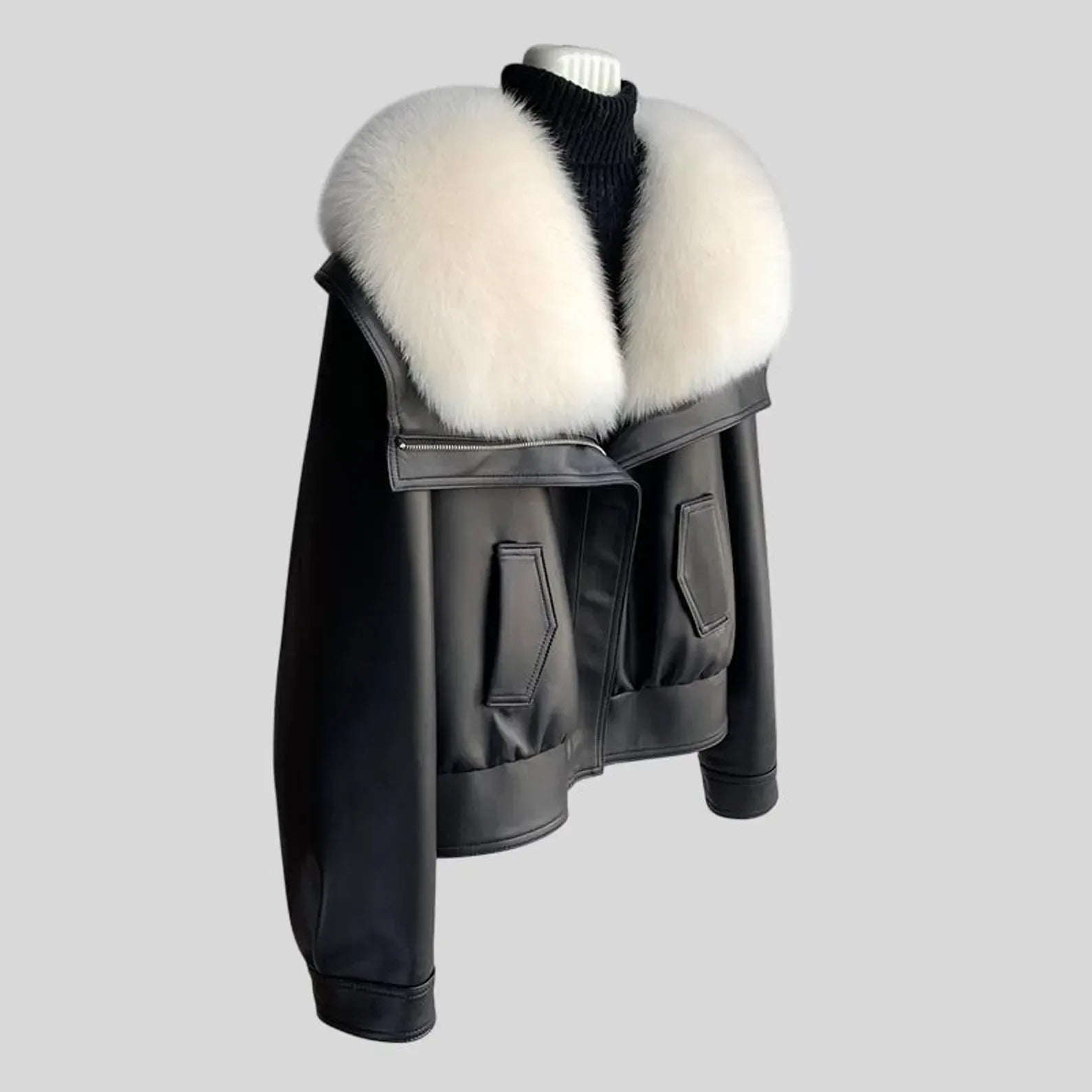 Black Leather Jacket With Fur Women White Collar Winter Style