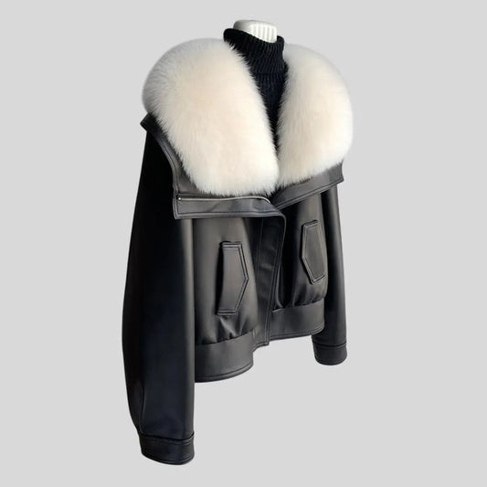 black leather jacket fur women white collar winter outfit styling
