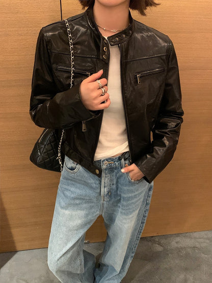 Black Cropped Leather Jacket Women