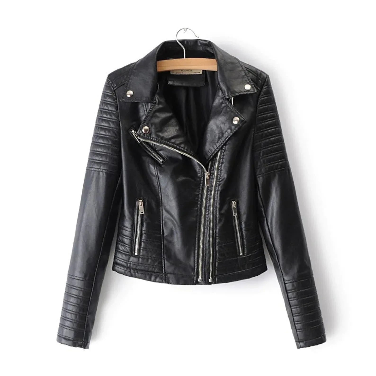 Black Leather Motorcycle Jacket Women Quilted Biker