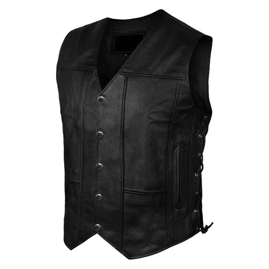 Black Leather Vest Men – Classic Button Biker Vest