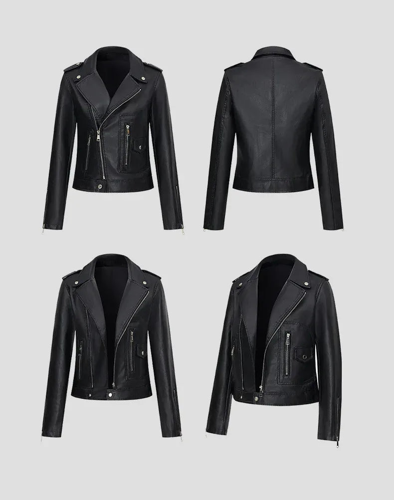 Black Faux Leather Biker Jacket Women Cropped Moto Style Fit