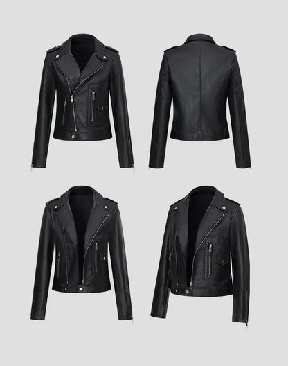 Black Faux Leather Biker Jacket Women Cropped Moto Style Fit