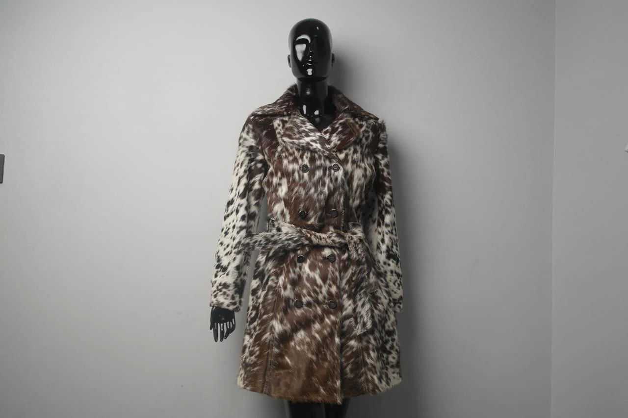 Black And White Cowhide Trench Coat Womens – Real Hair On Hide Long Coat