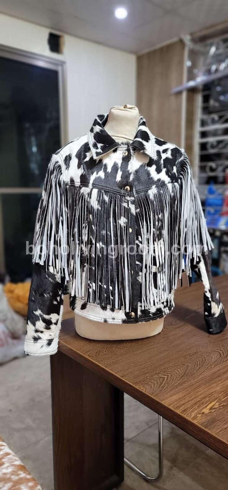 Black White Cowhide Jacket Womens Hair On Hide Fringe Jacket