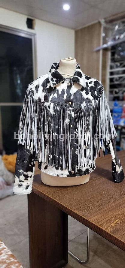 Black White Cowhide Jacket Womens Hair On Hide Fringe Jacket