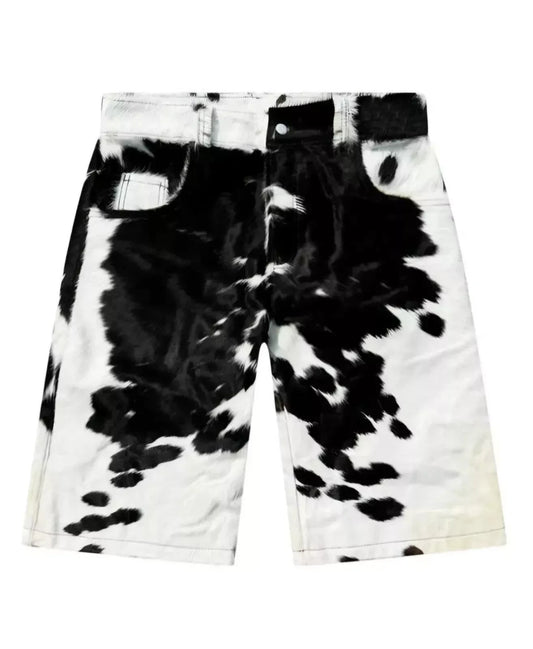real hair on cowhide leather shorts with natural black and white cow print pattern