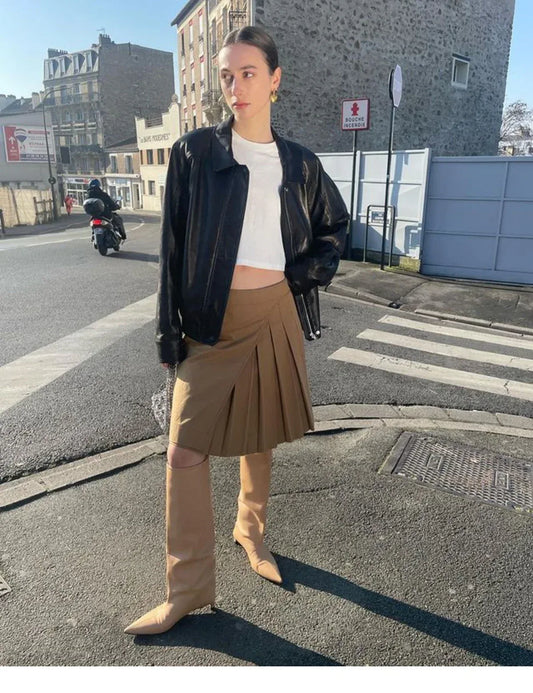 Oversized Black Leather Bomber Jacket Women