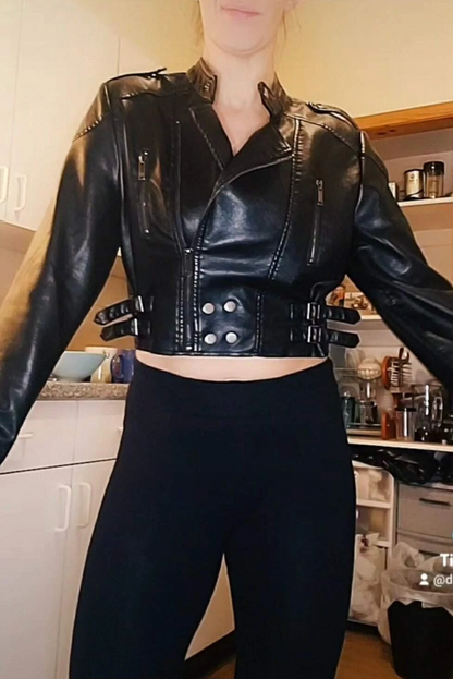 Leather Moto Jacket Buckled Strap Zip