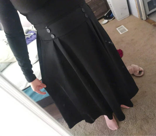 Pleated Flare Skirt Long With Buttons Black S