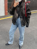 Oversized Black Leather Bomber Jacket Women