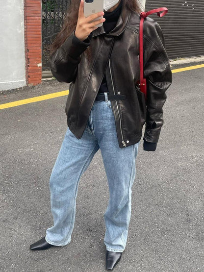 Oversized Black Leather Bomber Jacket Women
