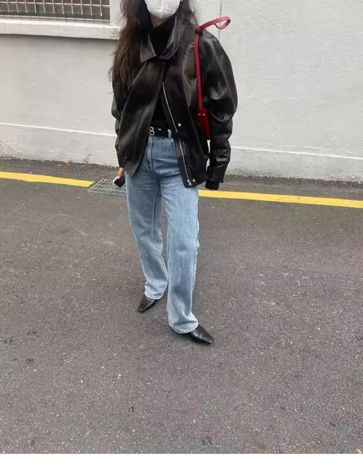 Oversized Black Leather Bomber Jacket Women
