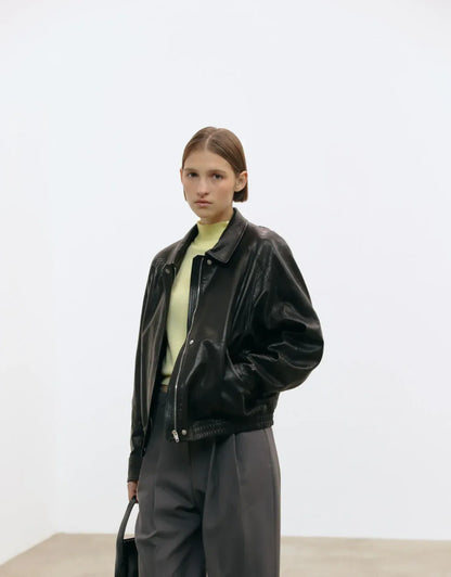 Oversized Black Leather Bomber Jacket Women
