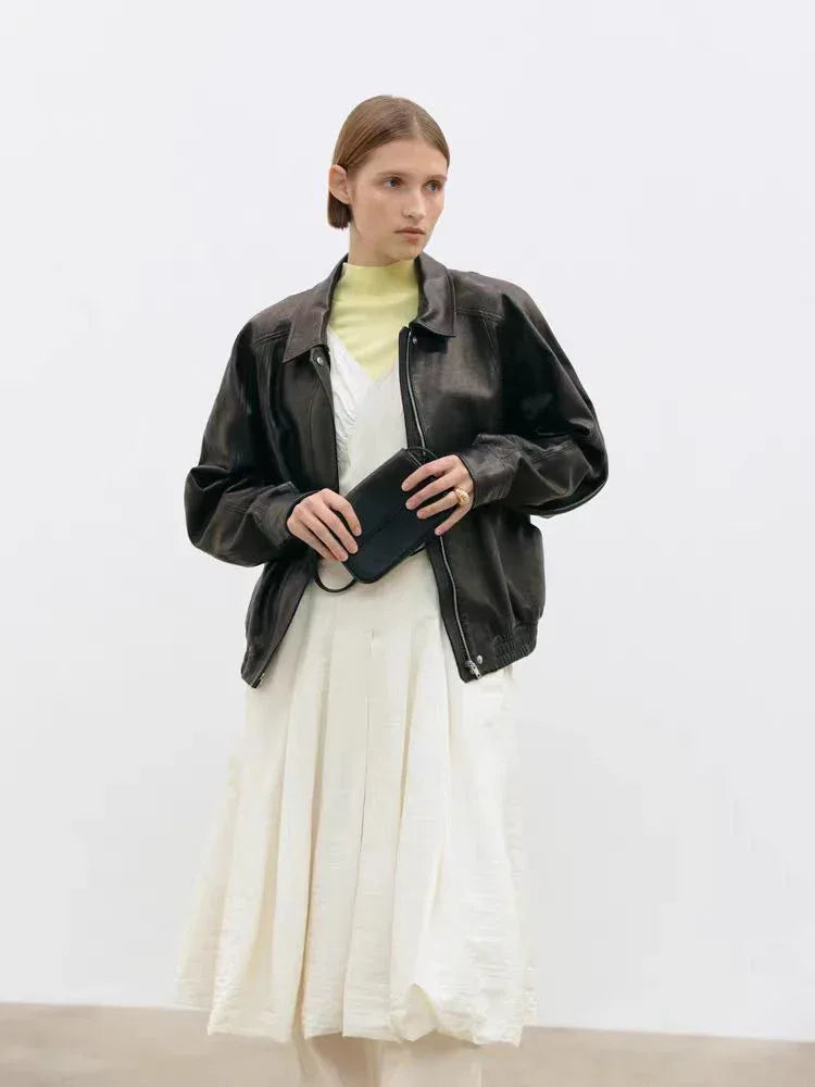 Oversized Black Leather Bomber Jacket Women
