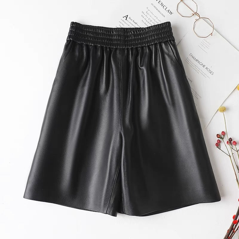 High waisted genuine sheepskin wide leg shorts Black M