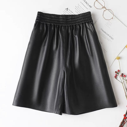 High waisted genuine sheepskin wide leg shorts Black M