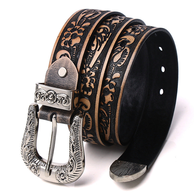 Embossed rose punk leather belt for women Black 105 cm